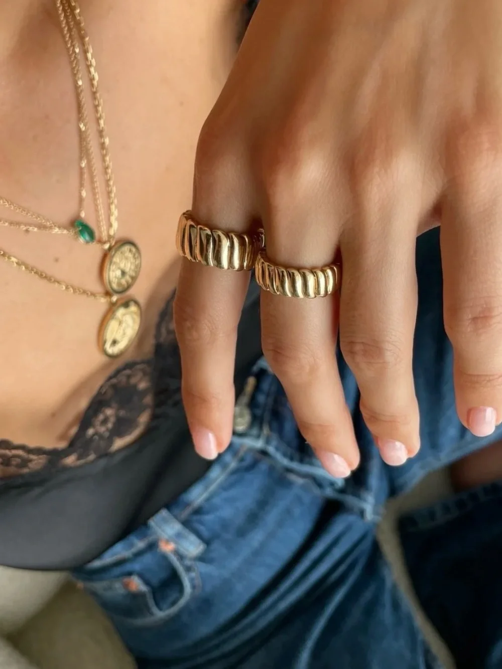 NEW 18K Gold Plated Textured Layer Ring Sculpted Band Ring